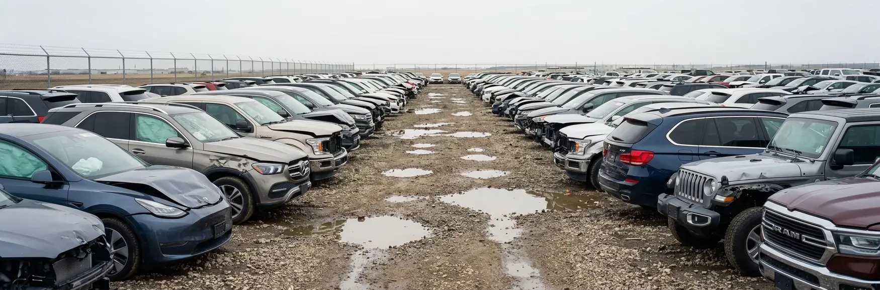 A salvage auction yard, rows of damaged cars with a drive lane through the middle.