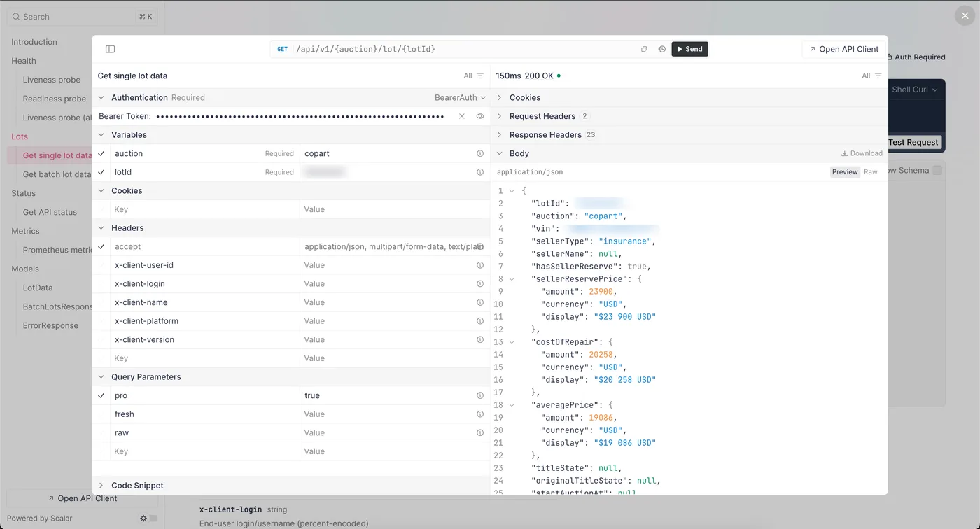 The Data Platform reference documentation, showing a GET lot response with the reserve, repair estimate and market price fields.